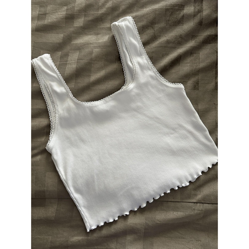 Topshop Tank‎ Top Womens US 8 White Ribbed Lettuce Edge Cotton Stretch Y2K Style